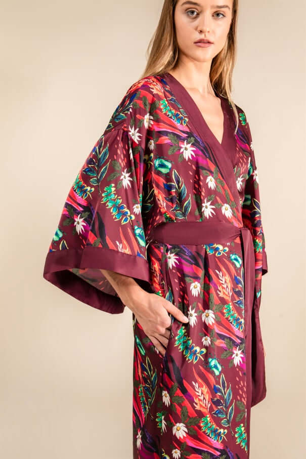 Hibiscus Silk Satin Robe with floral design, deep red color, showcasing luxury and cultural elegance.