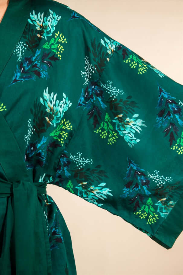 Angelica Cotton Robe featuring original artwork with green, blue, teal shades and kimono style sleeves, 100% cotton fabric.