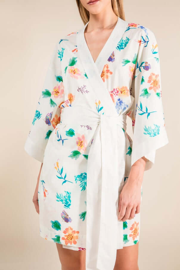 Jasmine Cotton Robe with floral print, 100% cotton, short length, inspired by ancient Japanese culture.