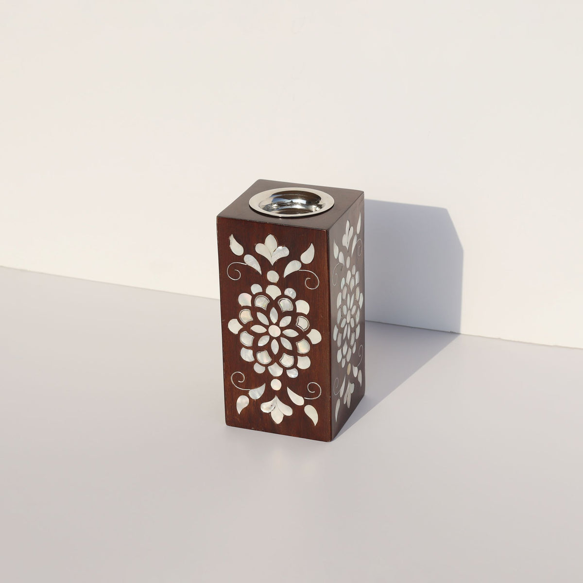 Mubkhar Sadaf Floral Engraved wood incense burner with mother of pearl floral designs, elegant for burning oud or bakhoor.