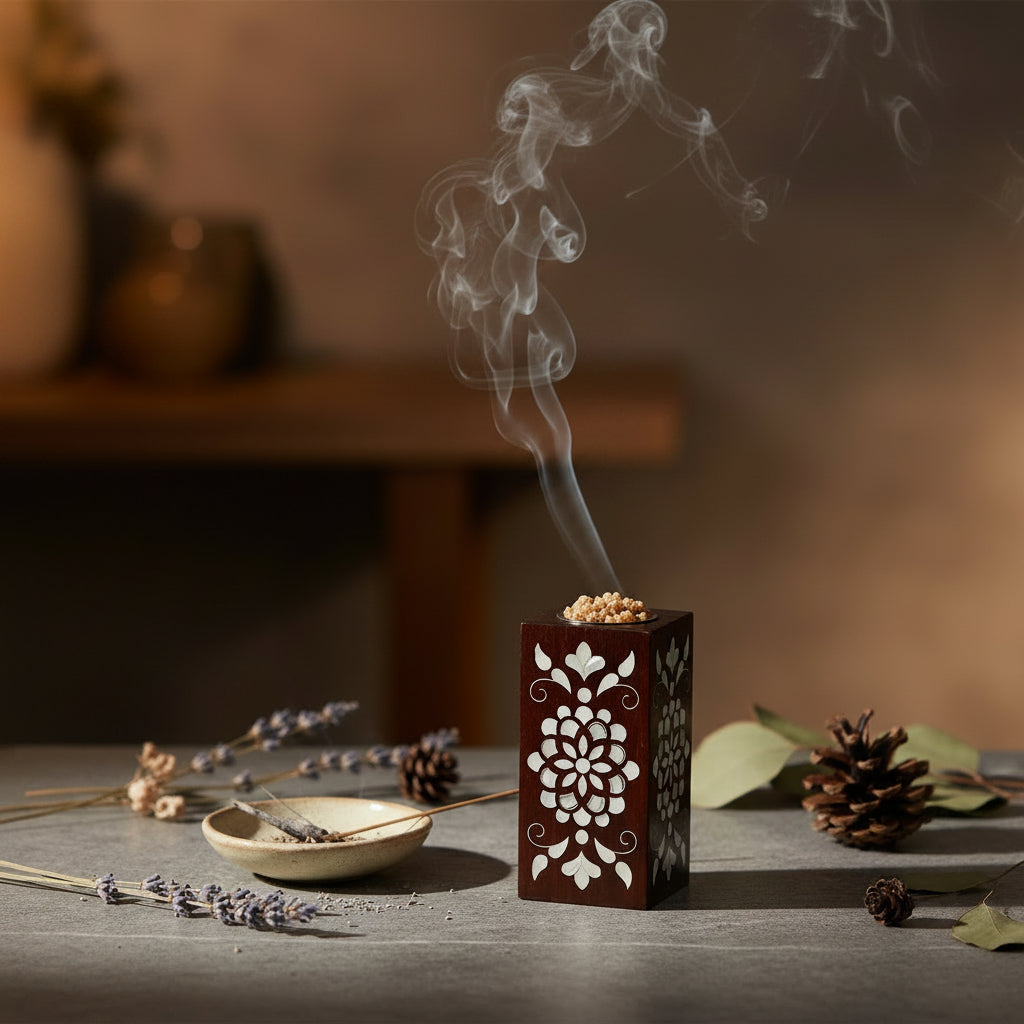 Mubkhar Sadaf Floral Engraved incense burner with mother of pearl inlay on wood, perfect for enhancing your home's traditional elegance.