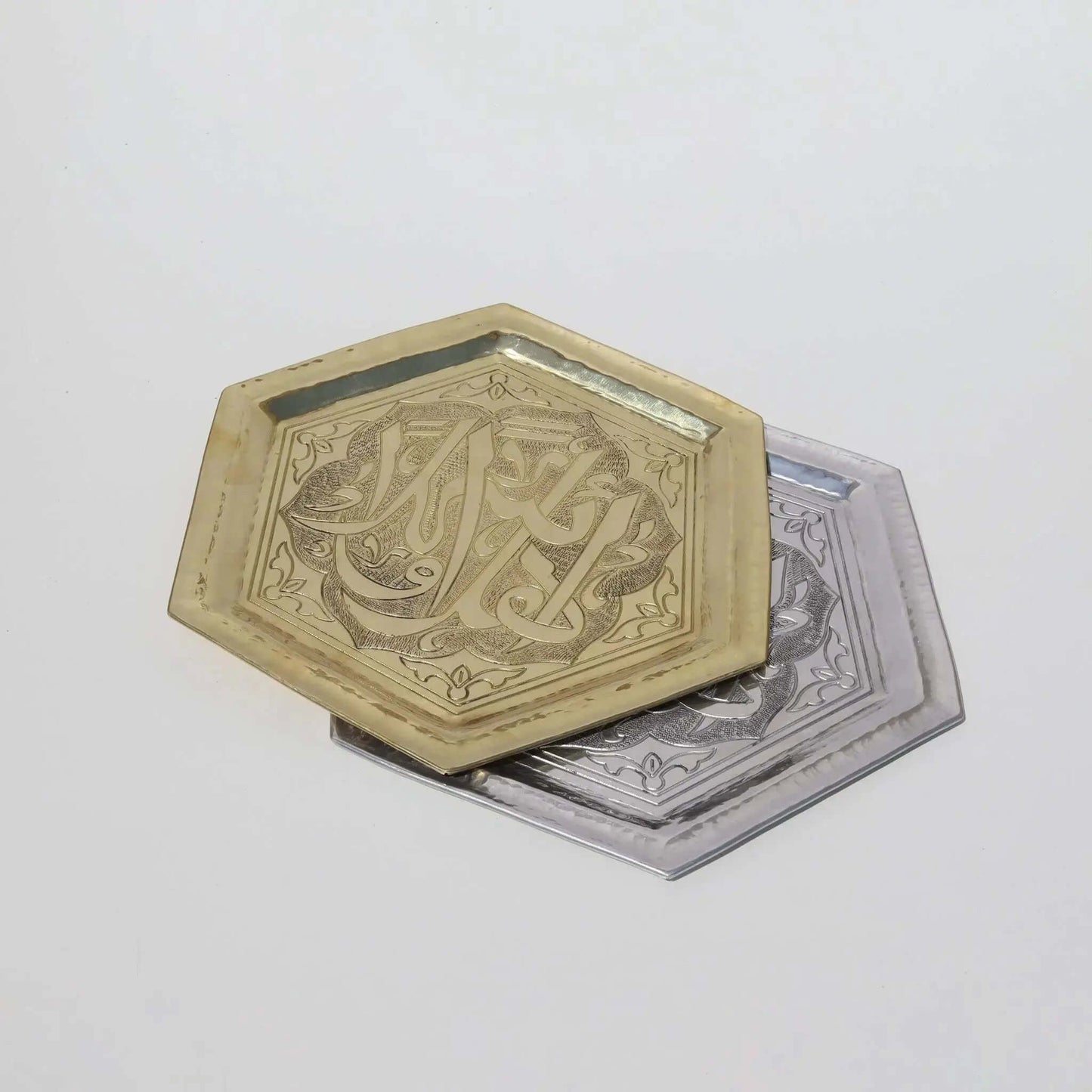 Ahla Wa Sahlan Gold Brass Hexagon Tray with Arabic calligraphy and floral details