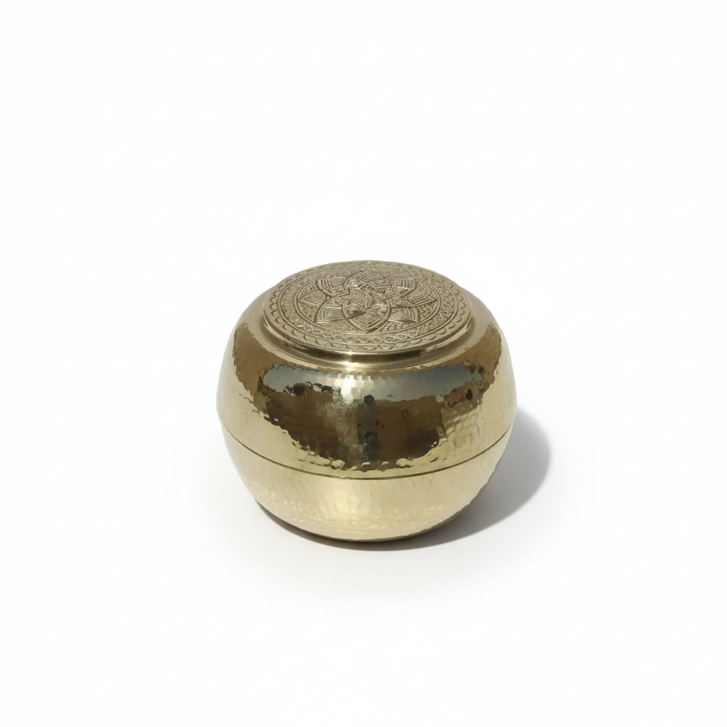 Engraved Gold Brass Box with intricate engravings on lid, elegant round design, handcrafted and luxurious finish.