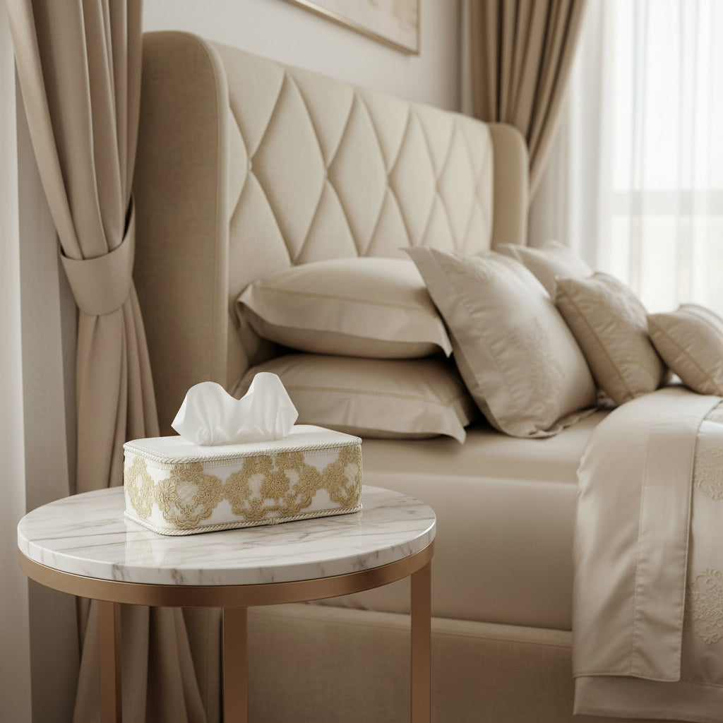 Tissue Box Long White with Light Brown Lace