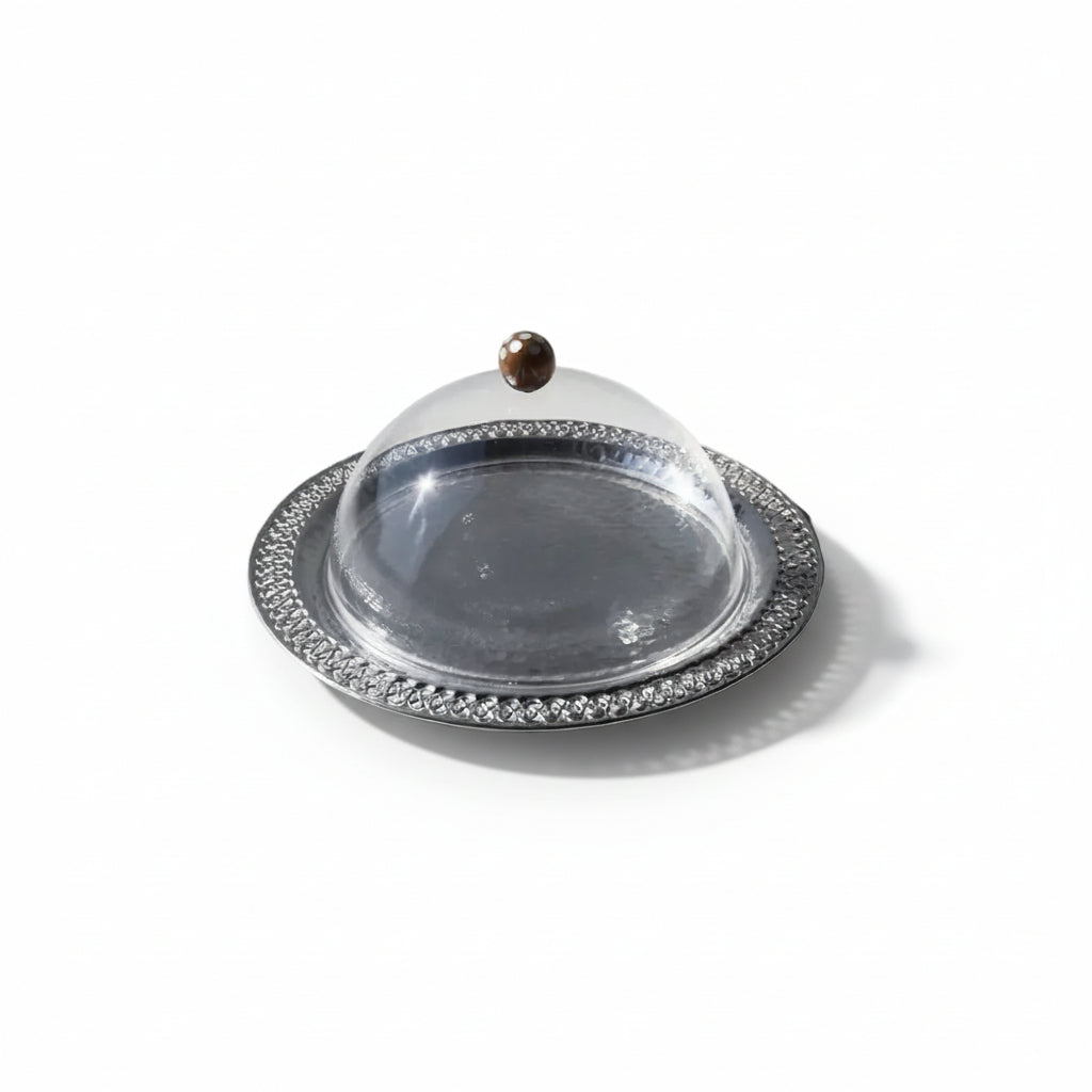 Round Silver Plate with Plexi Cover and Sadaf Handle Kanzaman