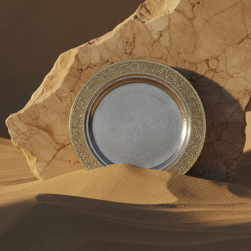 صينية نحاسية مستديرة منقوشة باللغة الع