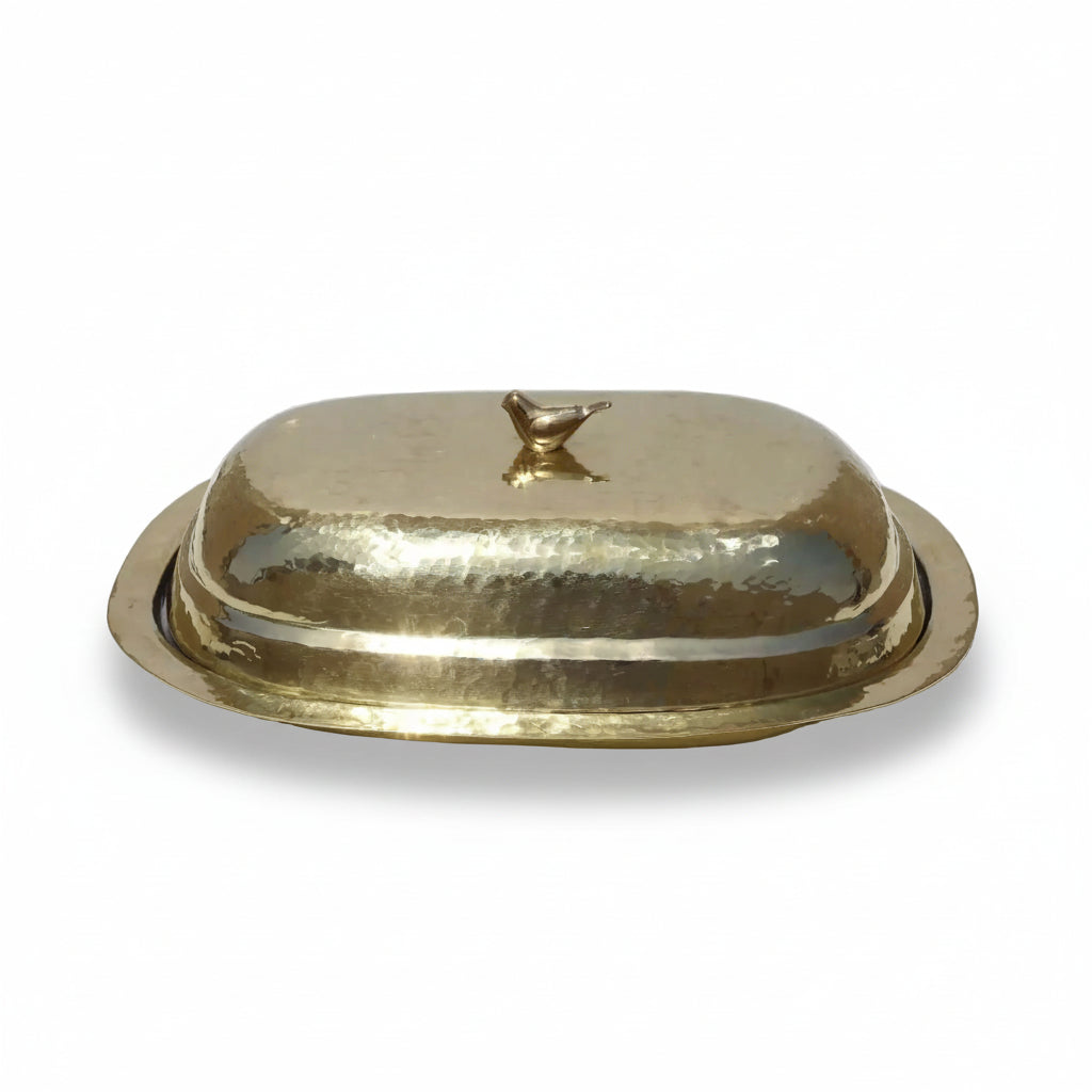 Plate With Bird Handle Cover Gold Large, handcrafted brass plate with bird-shaped lid handle, elegant home decor.