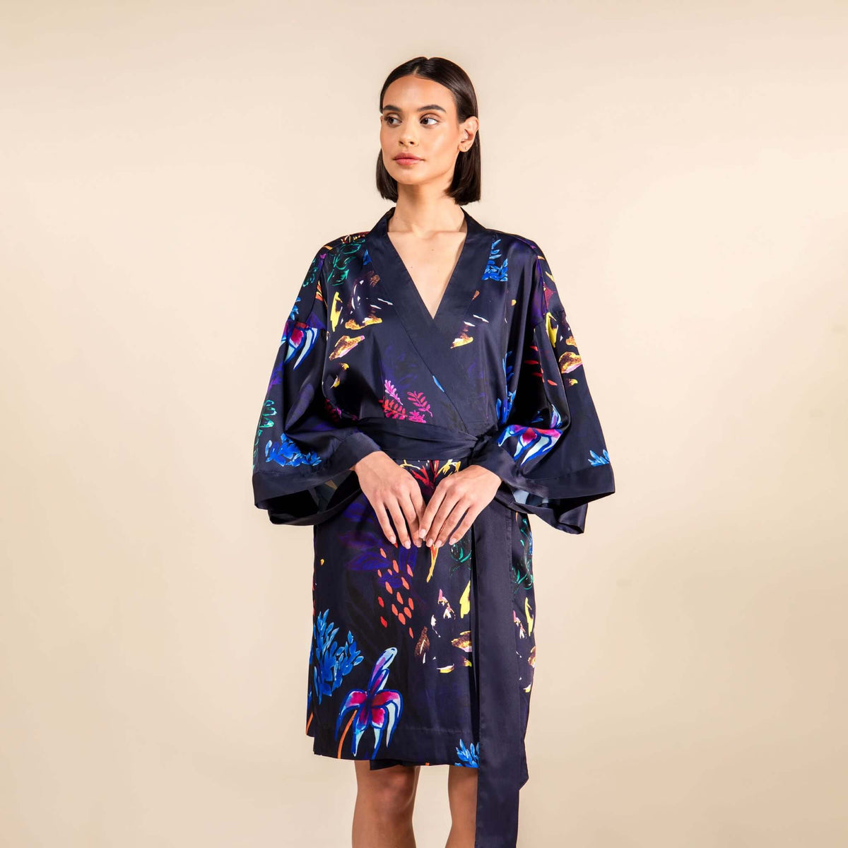 Chicory Silk Satin Robe with vibrant colors on a navy background