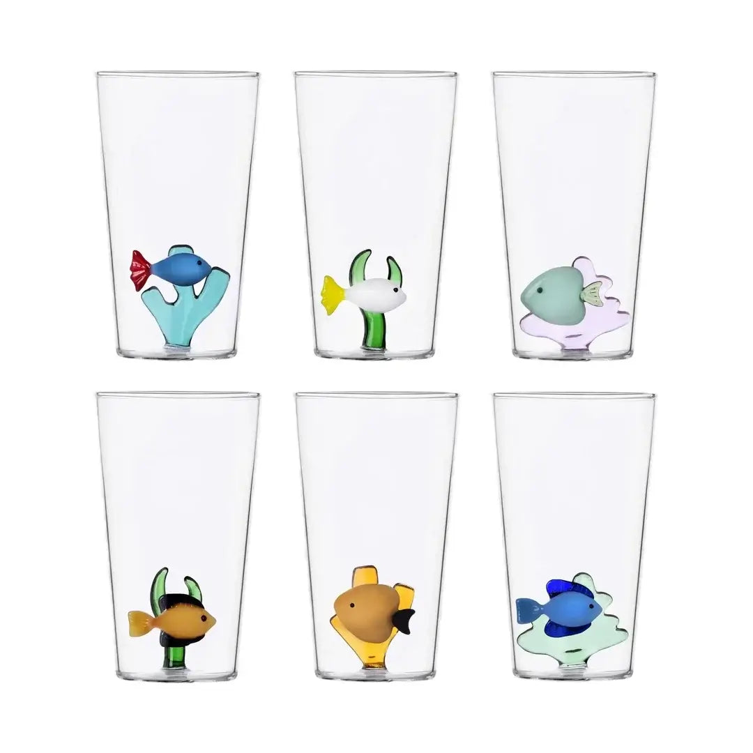 Set of six Long Glass Marine with blue, white, green, and yellow fish designs, featuring seaweed accents, made from borosilicate glass.