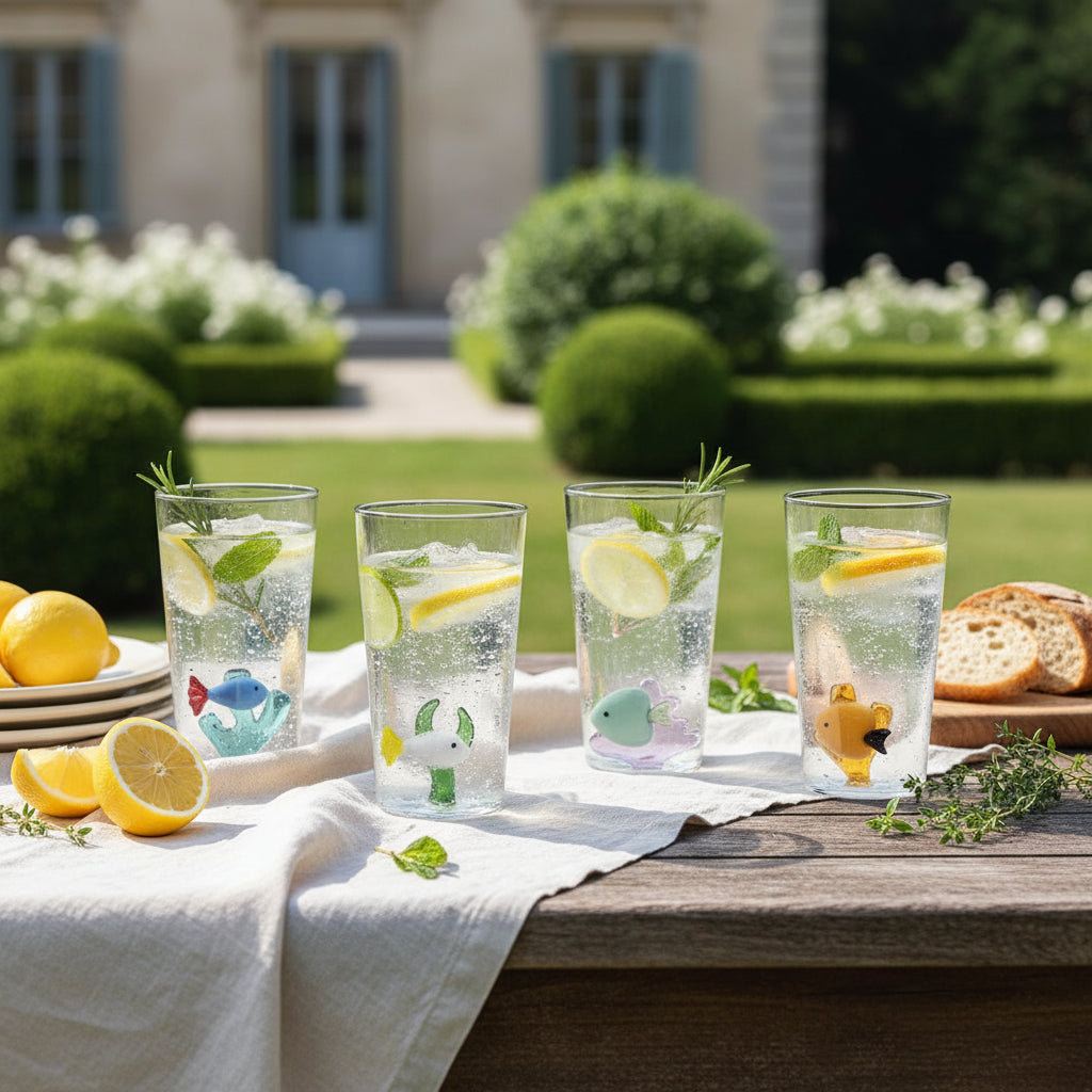 Set of six Long Glass Marine with blue, white, green, and yellow fish designs, featuring seaweed accents, made from borosilicate glass.