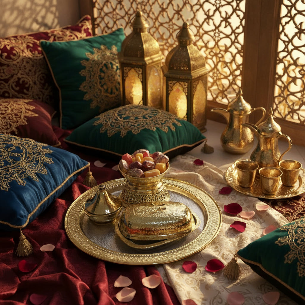 Gold & Silver Arabic Engraved Tray Round - Pieces SA