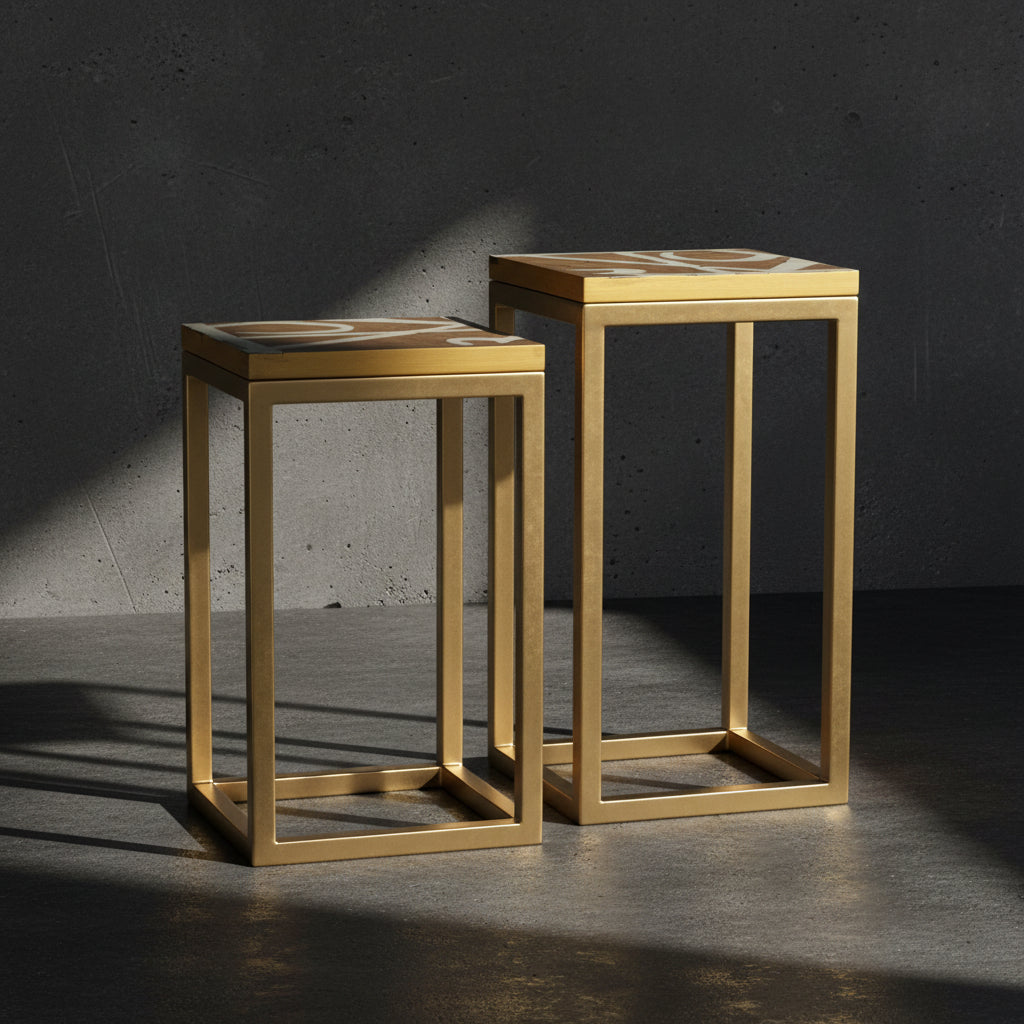 Nested Tables with Arabic calligraphy featuring golden metal base and mother of pearl inlay, perfect for elegant home decor.
