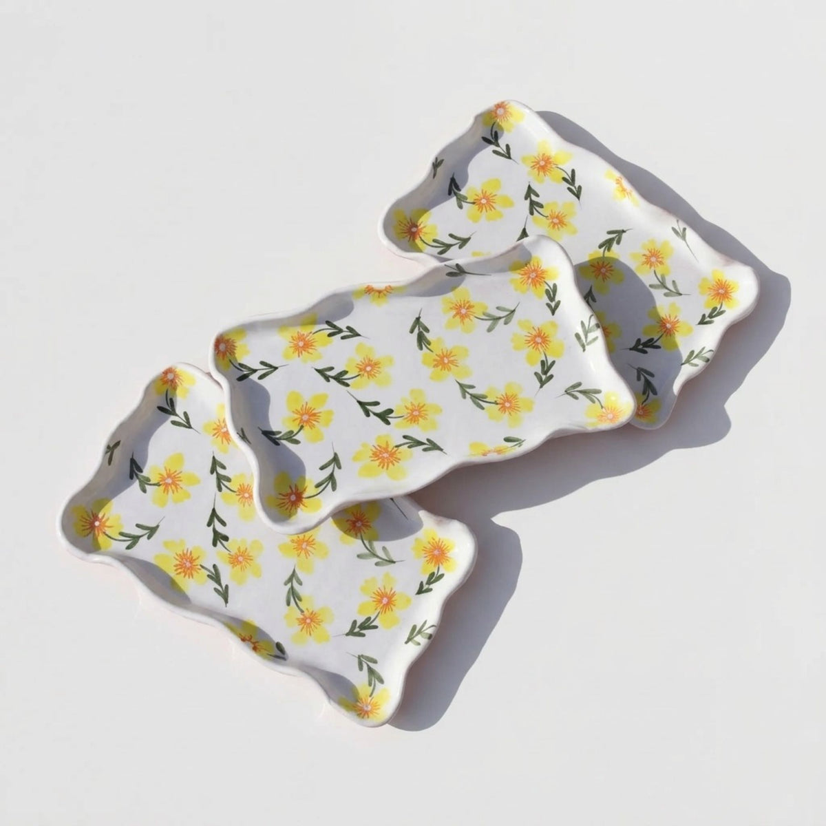 Yellow Flowers Wavy Dish Set of 3