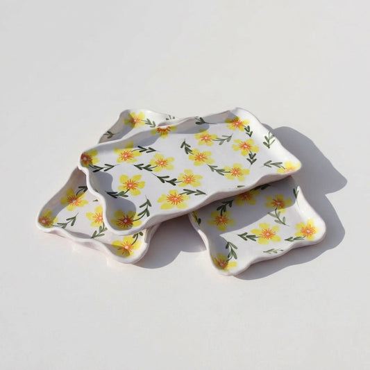 Yellow Flowers Wavy Dish Set of 3
