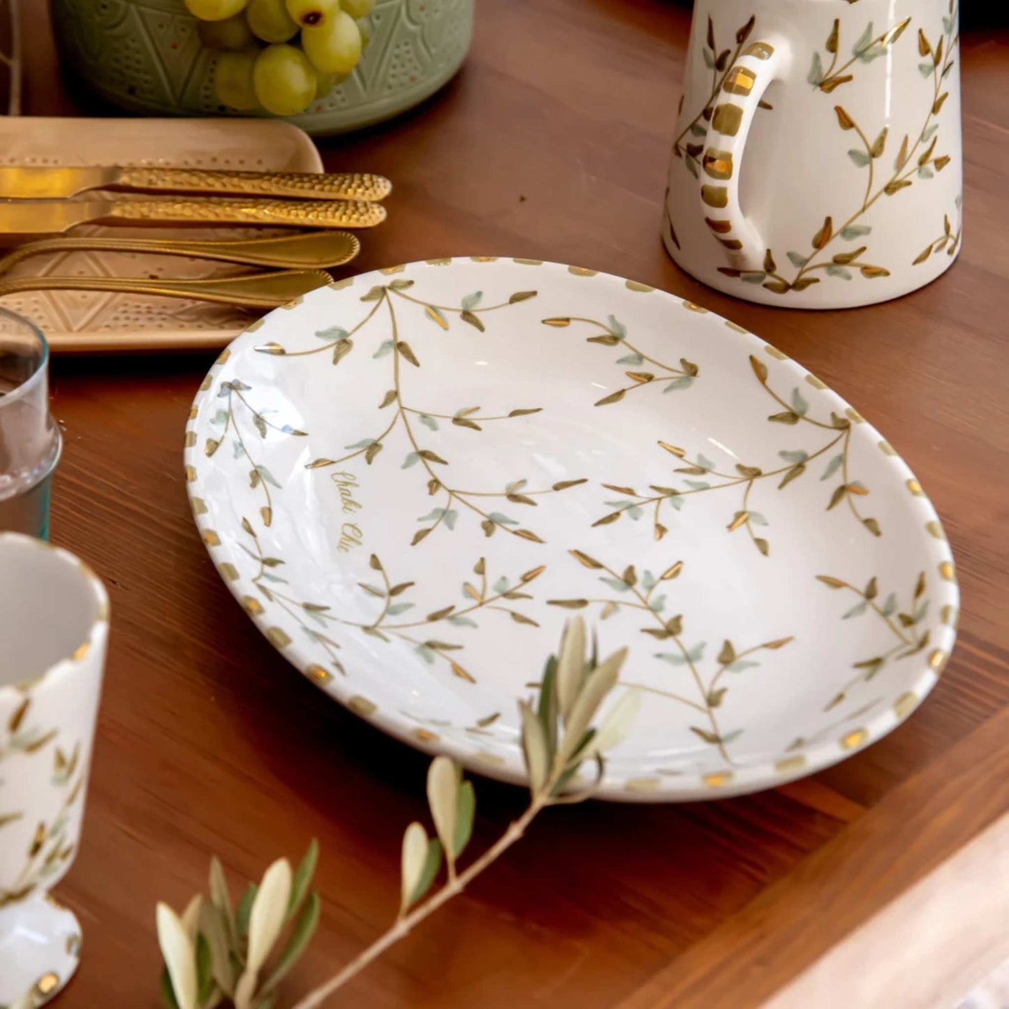 Large Oval Plate Flower Gold Ceramic