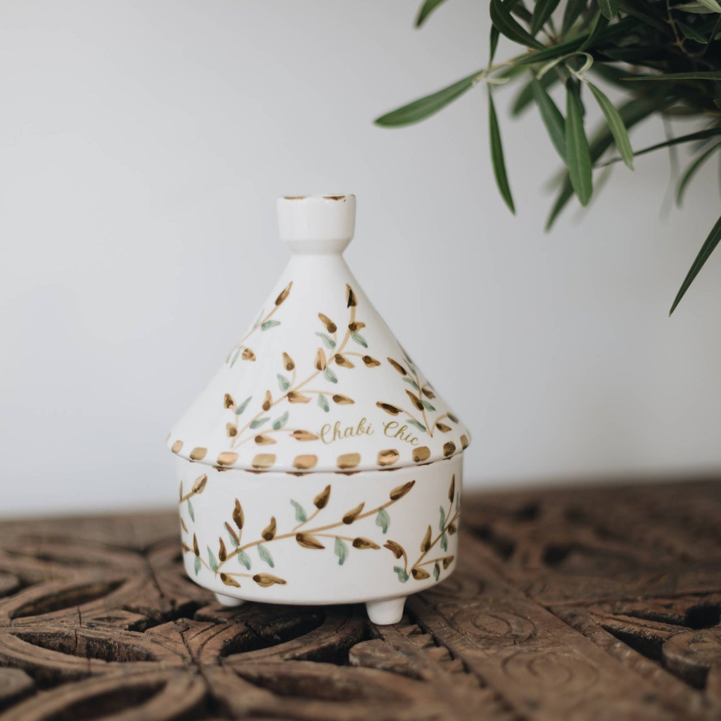 Medium Tajine Box Leaves Gold Ceramic