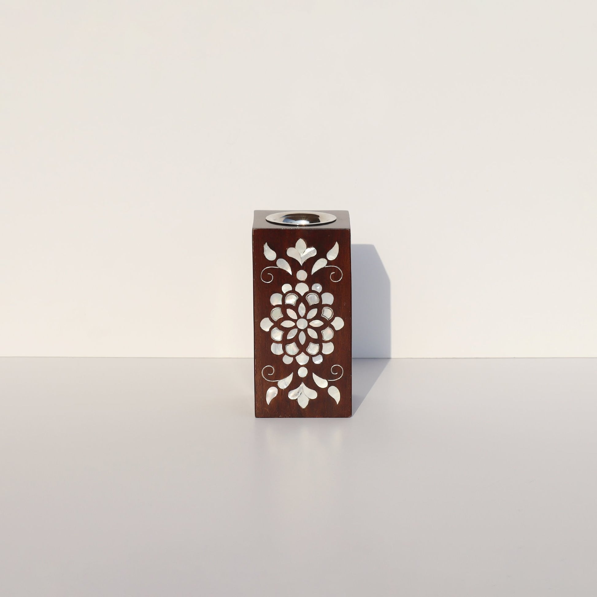 Mubkhar Sadaf Floral Engraved - a wooden incense burner with mother of pearl floral designs, perfect for oud, bakhoor, or incense sticks.