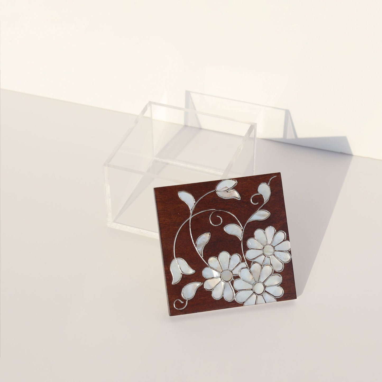 Small Plexi Box with Floral Sadaf featuring a wooden lid with mother of pearl floral design, blending traditional and modern elegance.