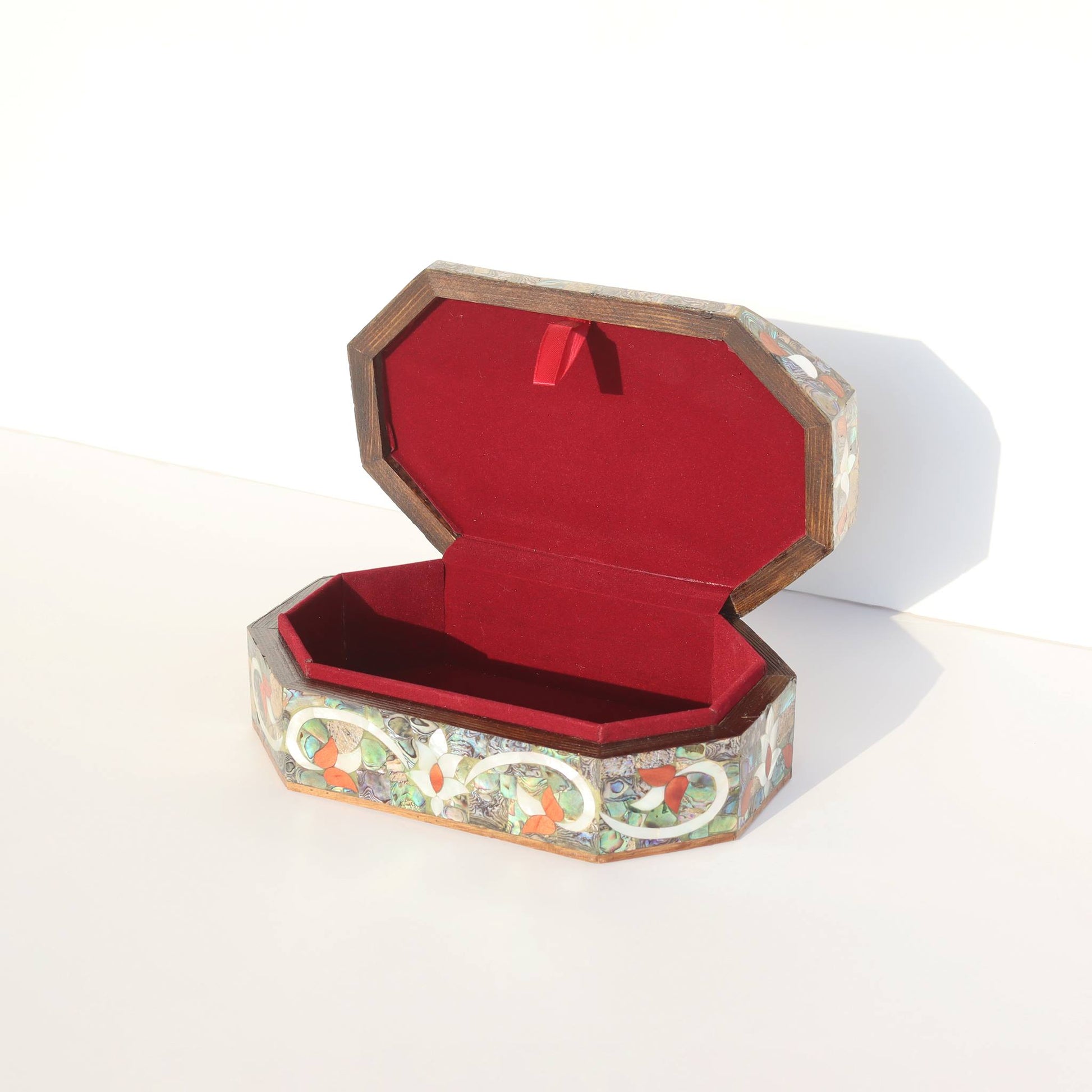 Wooden Jewelry Box Sadaf Floral Engraved with open lid showing red interior, adorned with floral pearl inlay.
