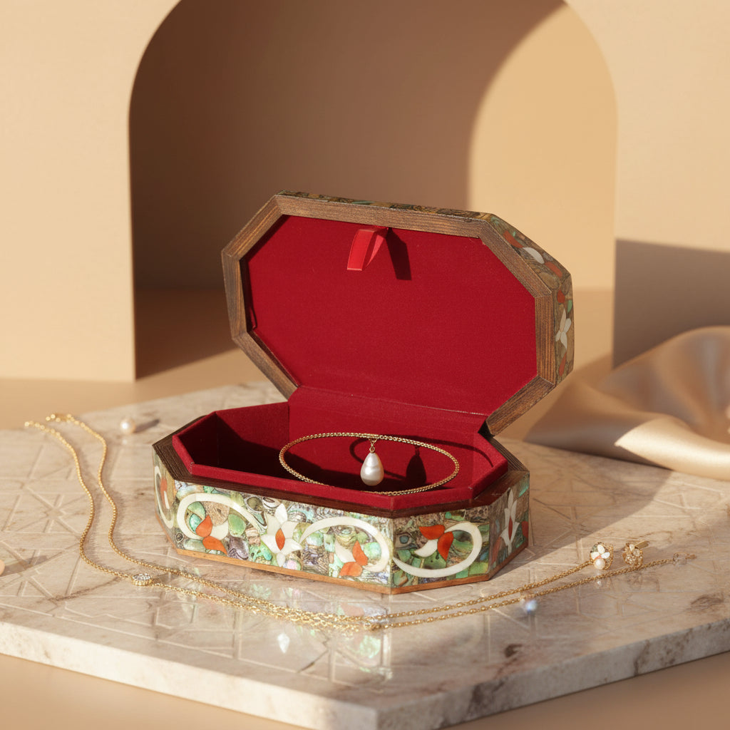 Wooden Jewelry Box Sadaf Floral Engraved