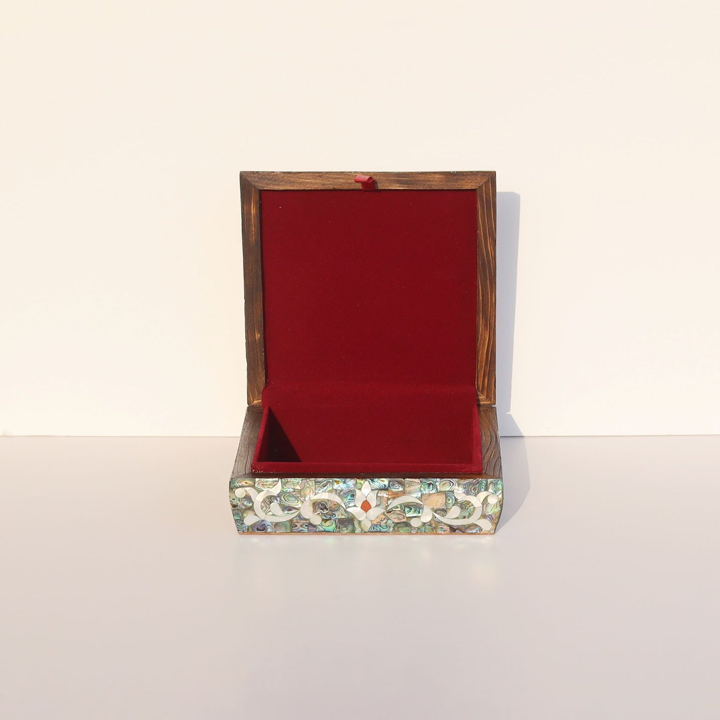 Open Wooden Jewelry Box Sadaf Engraved with mother of pearl inlay, showcasing elegant craftsmanship and luxurious design.