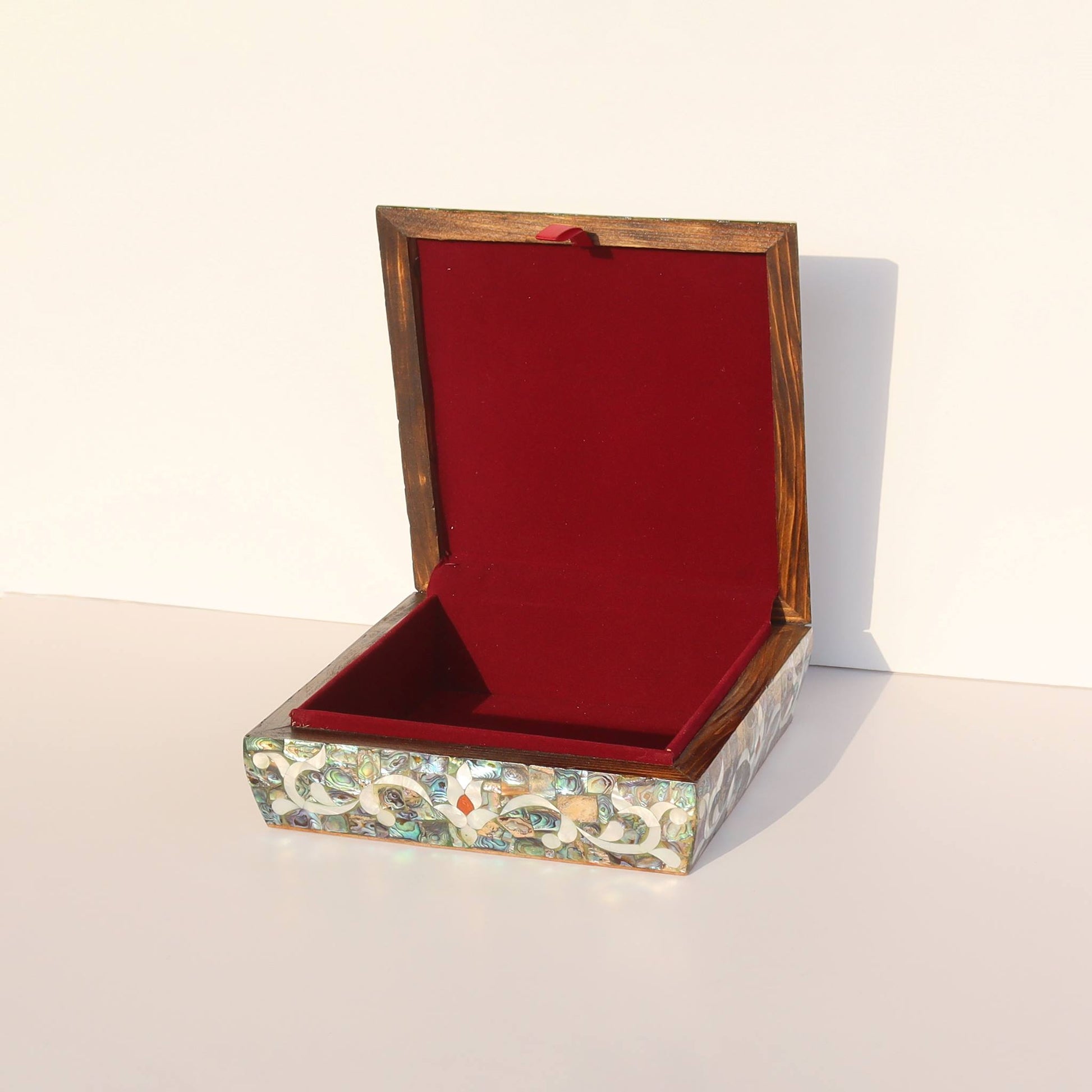 Open Wooden Jewelry Box Sadaf Engraved with mother of pearl inlay showcasing luxurious interior design for elegant storage.
