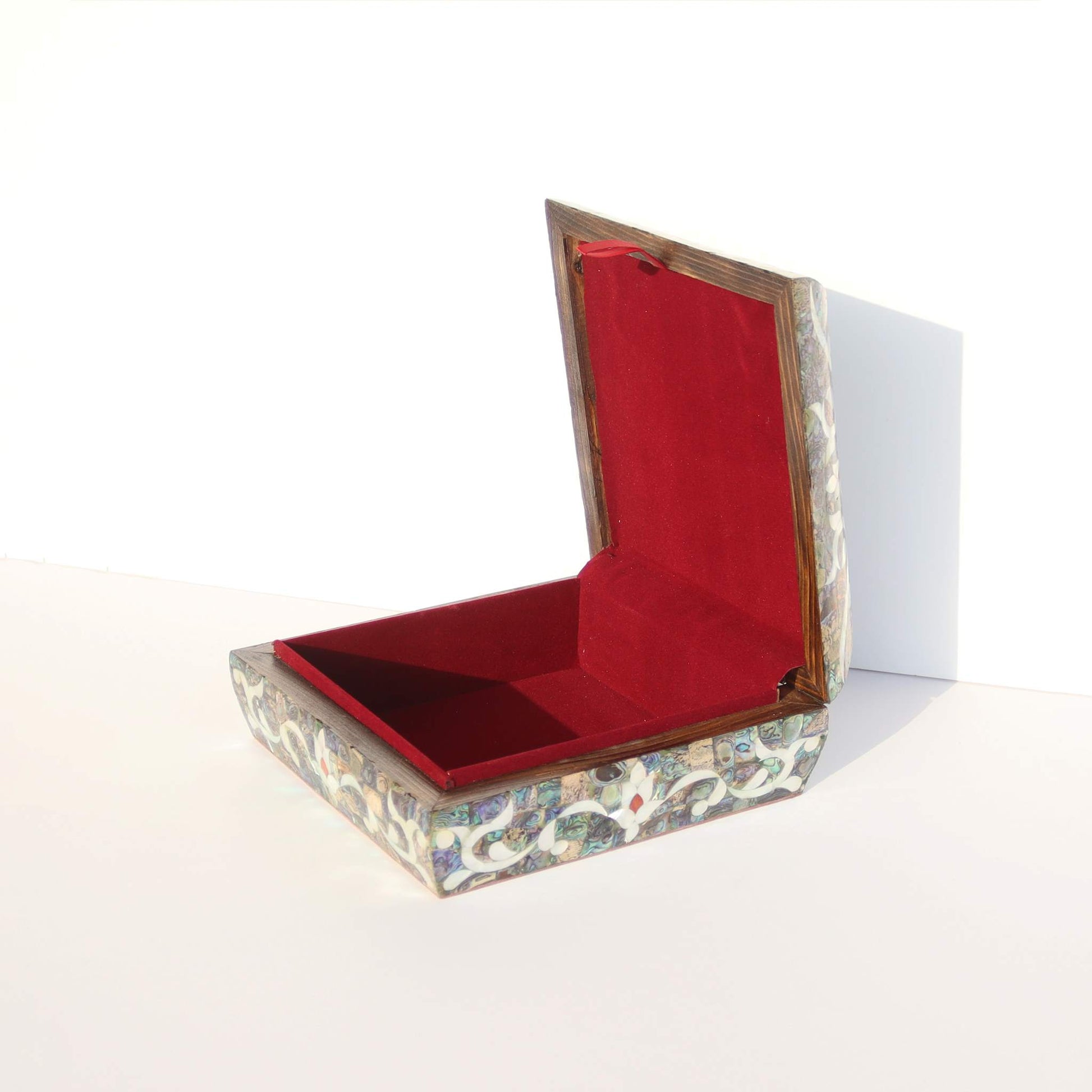 Open Wooden Jewelry Box Sadaf Engraved with red interior and pearl inlay, showcasing elegant craftsmanship and storage space for treasures.
