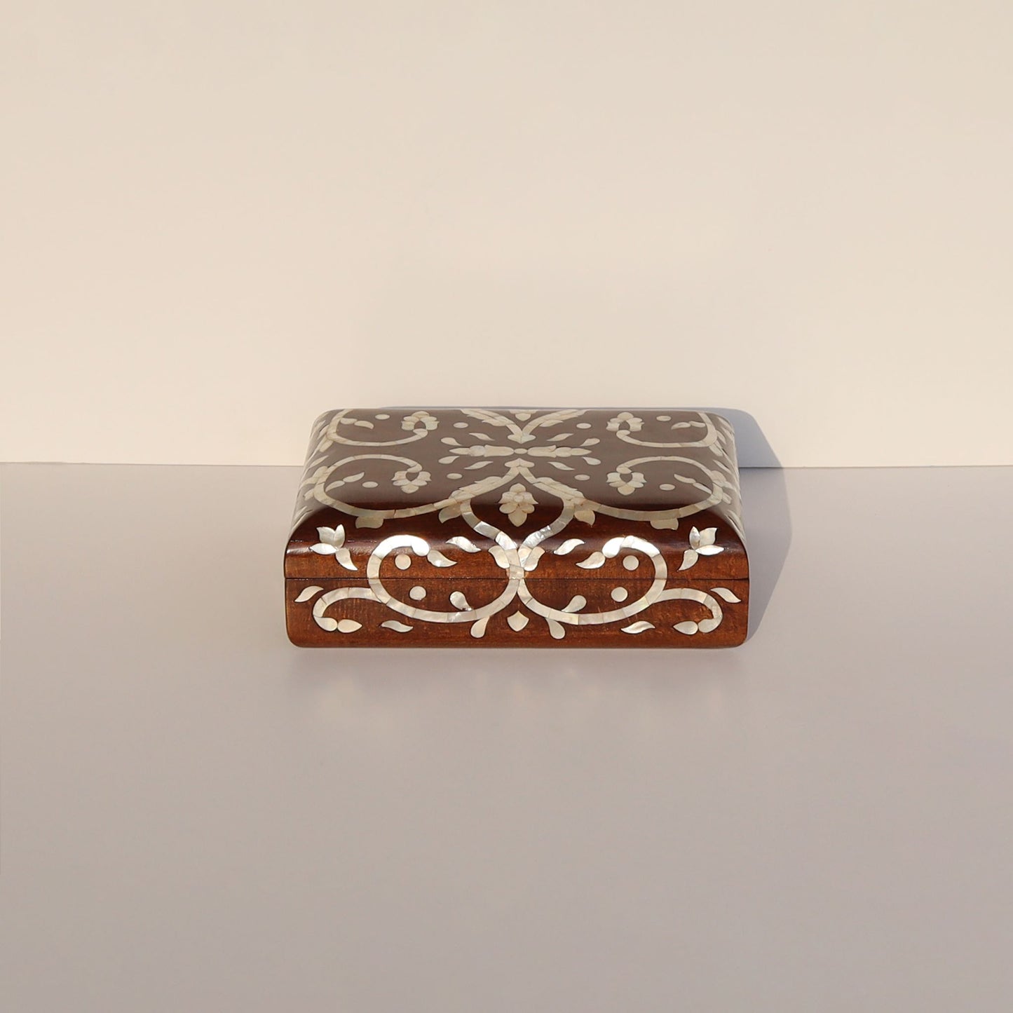 Brown Wooden Box Sadaf Engraved with mother of pearl inlay, elegant storage box for jewelry or keepsakes.