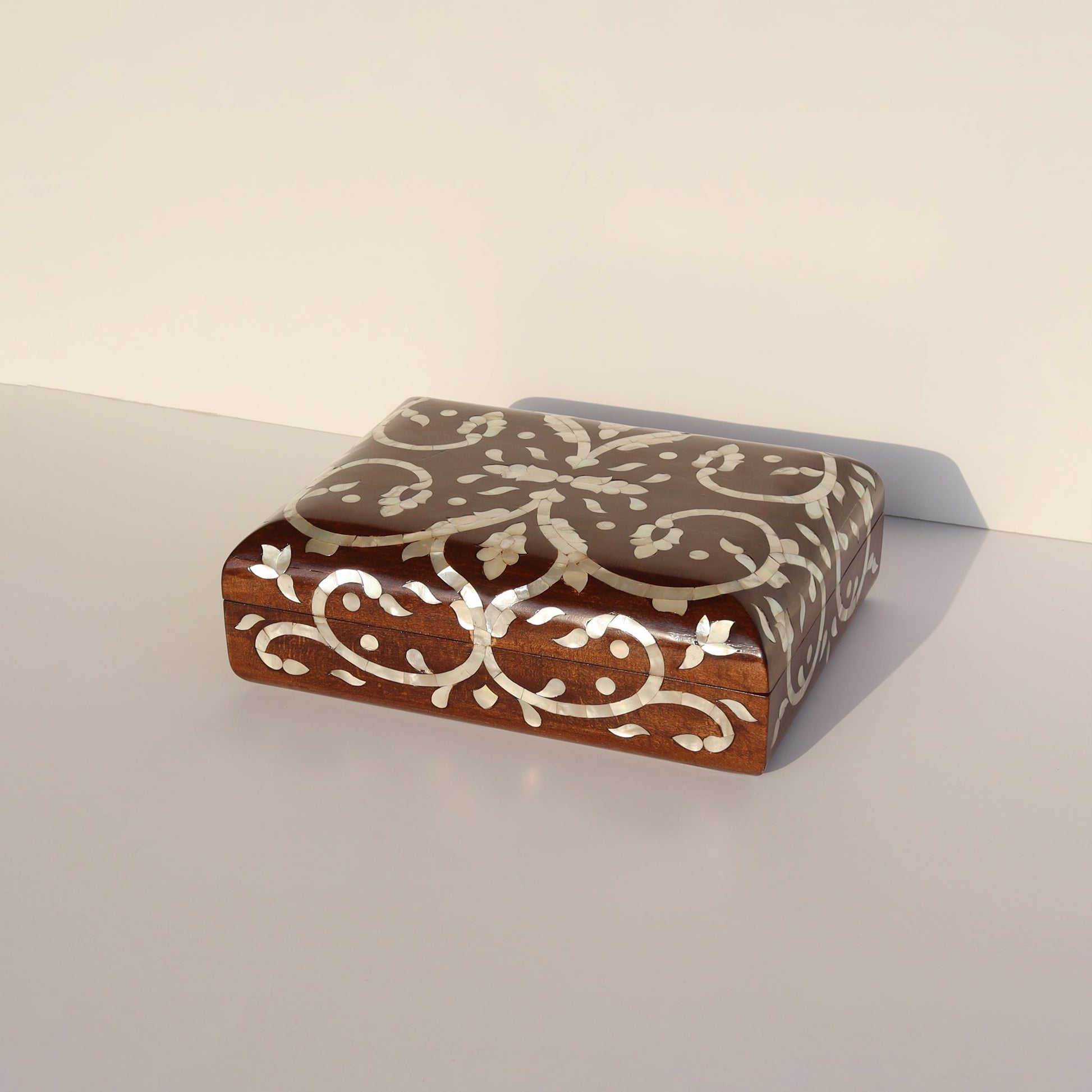 Brown Wooden Box Sadaf Engraved with pearl inlay, perfect for jewelry storage, showcasing luxury design and timeless elegance.