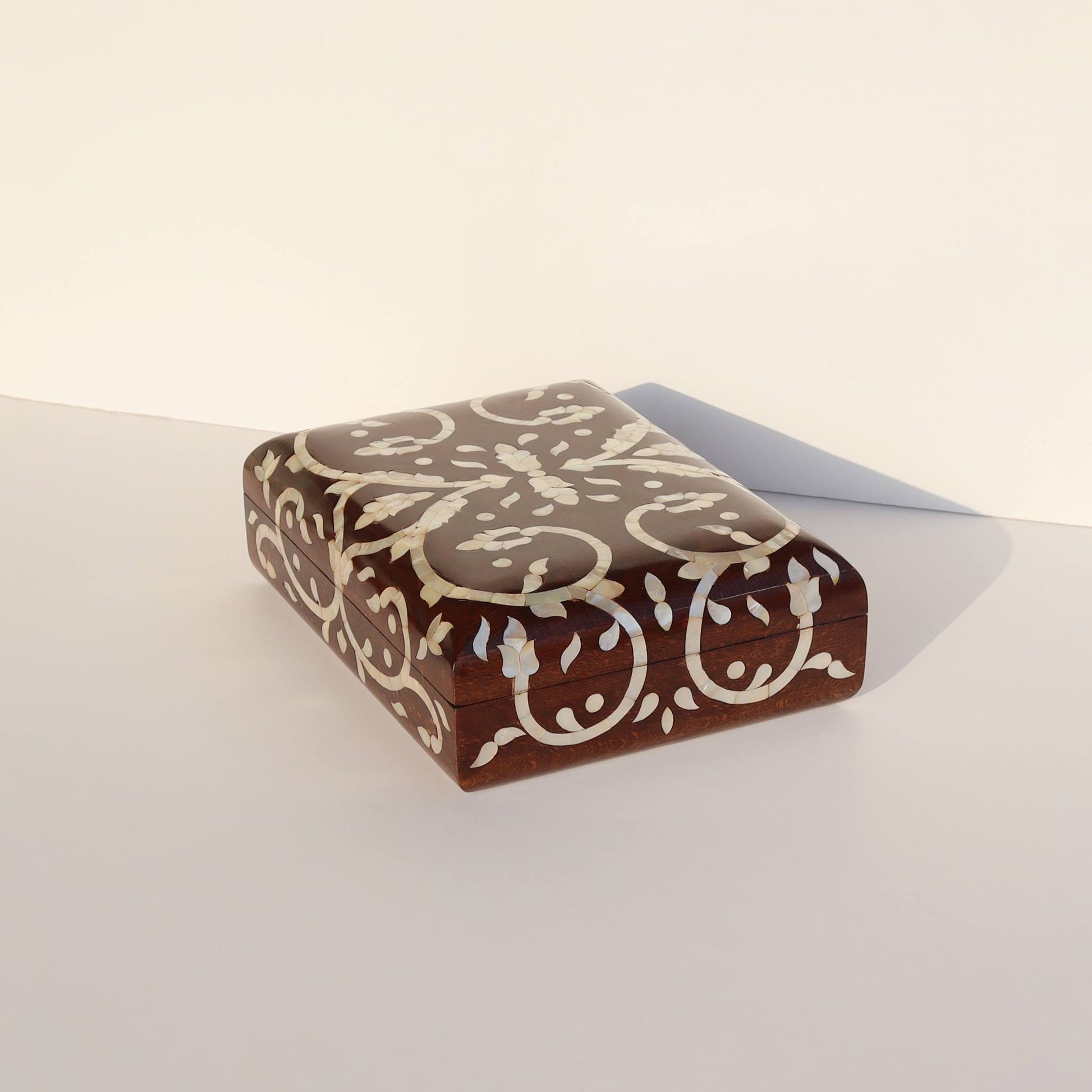 Brown Wooden Box Sadaf Engraved with mother of pearl inlay for elegant storage of jewelry, keepsakes, or treasured items.