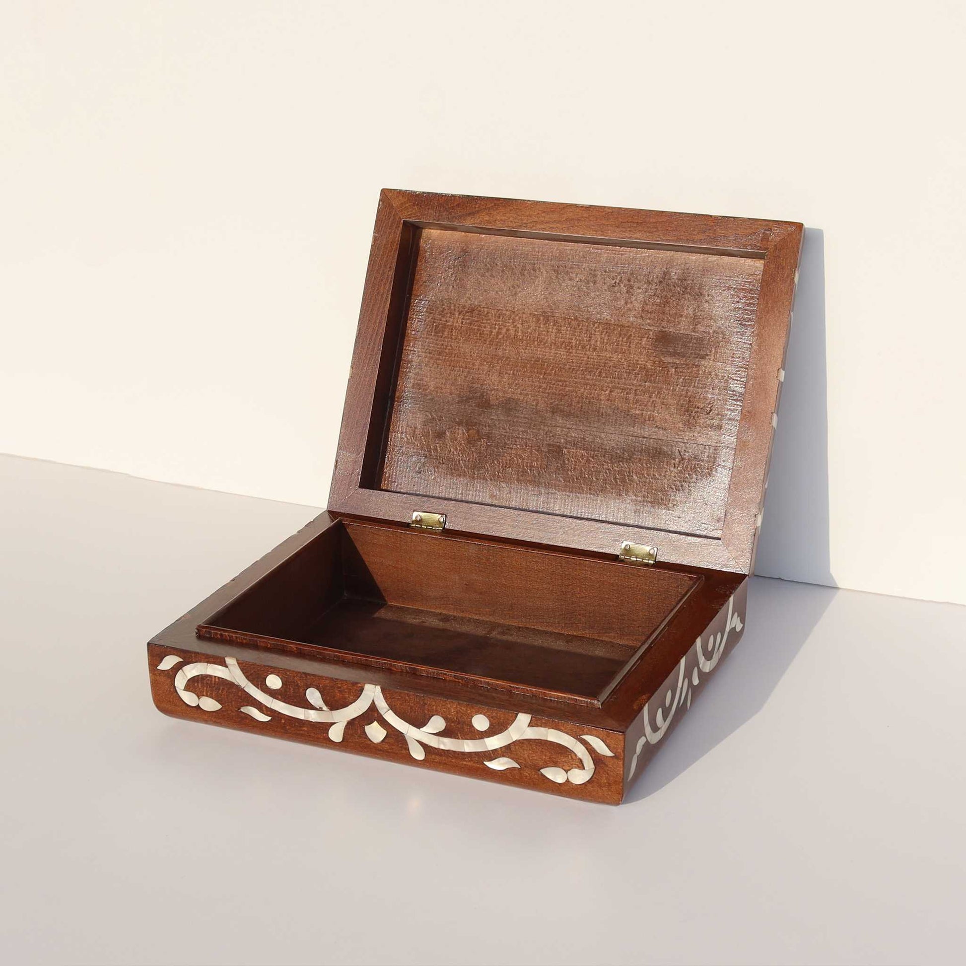 Open Brown Wooden Box Sadaf Engraved with ornate mother of pearl inlay, perfect for storing jewelry or keepsakes