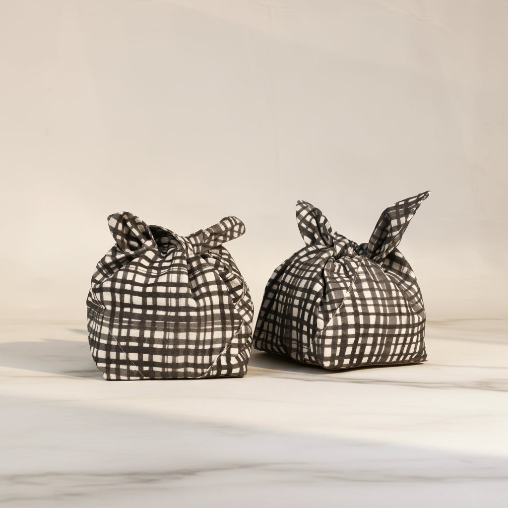 Cotton Bread Basket Checkered Grey Set
