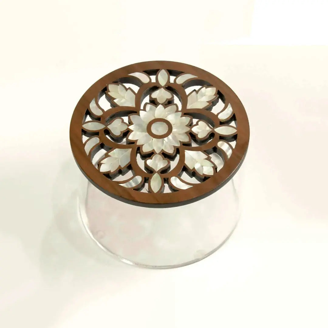 Plexi Box Round with Sadaf Engraved Wooden Lid Medium Abo Rami Sadaf