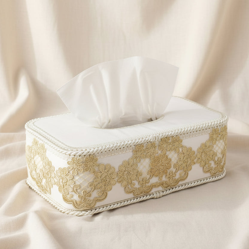 Tissue Box Long White with Light Brown Lace