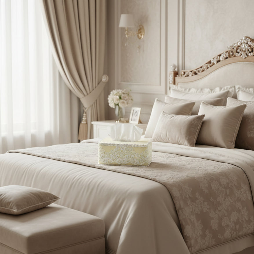Tissue Box Long Yellow with Light White Lace