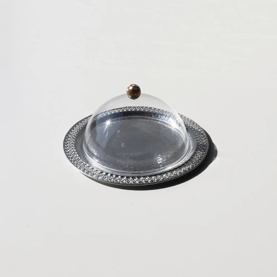 Round Silver Plate with Plexi Cover and Sadaf Handle Kanzaman