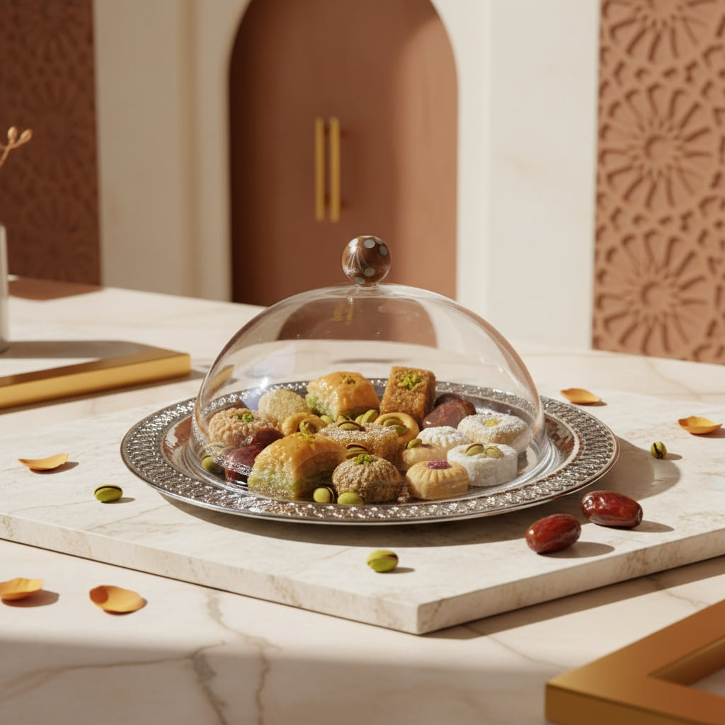 طبق فضي دائري بغطاء من البلكسي ومقبض