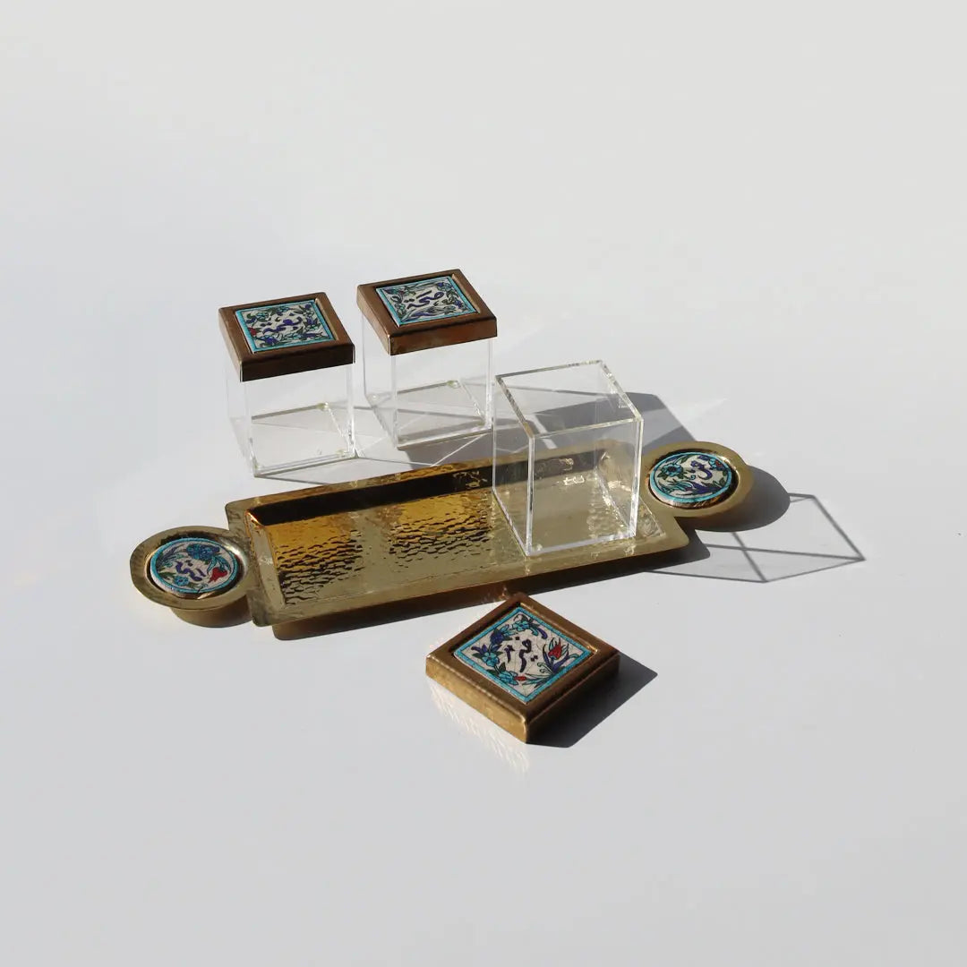 3 Acrylic Boxes And Tray with Brass Ichani Tops Kanzaman