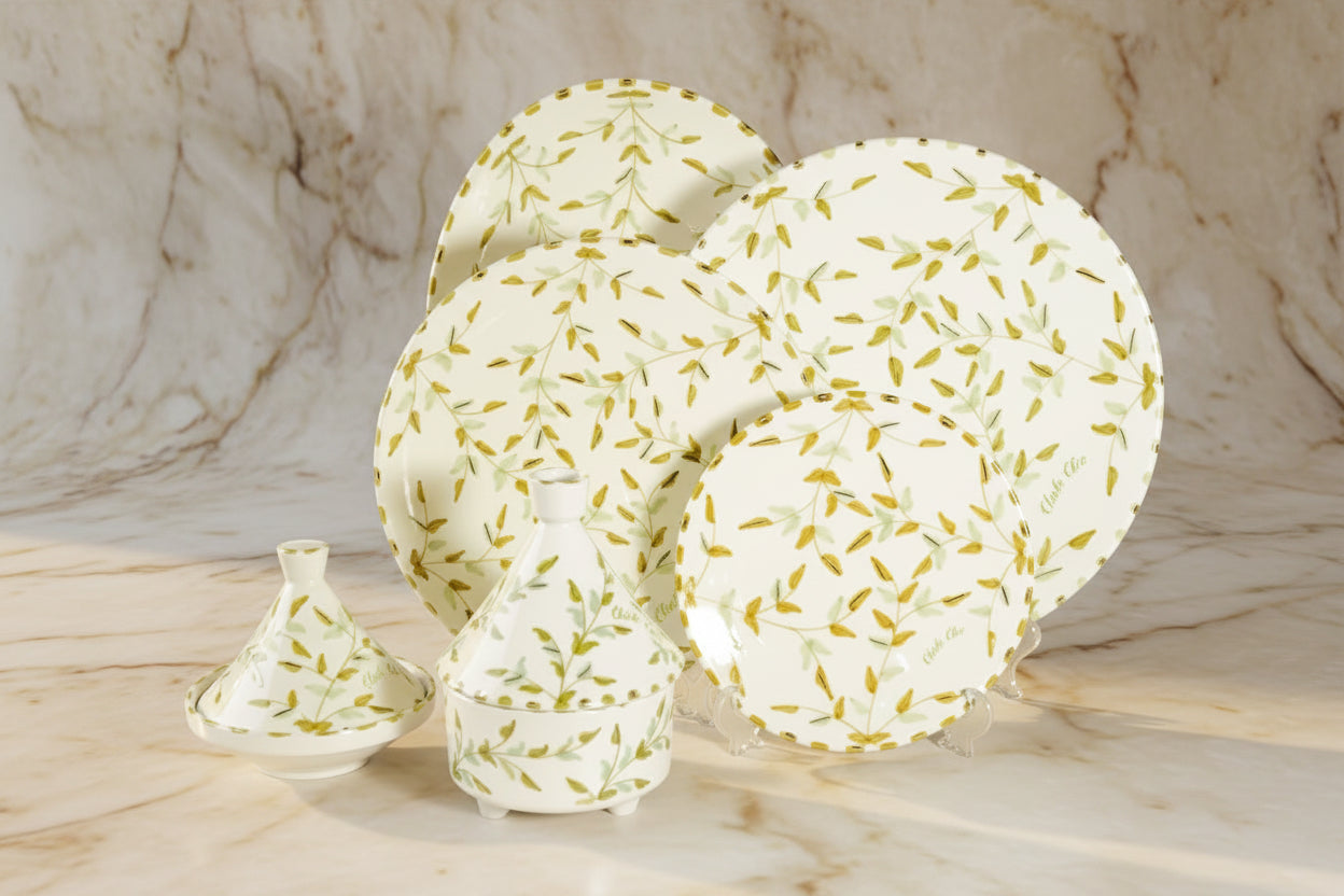 طقم أطباق سيراميك مزينة بأوراق ذهبية مكون من قطعتين