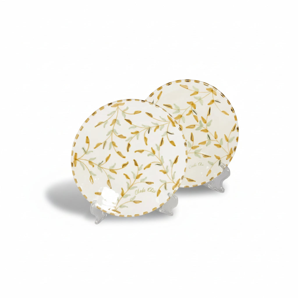 طقم أطباق سيراميك مزينة بأوراق ذهبية مكون من قطعتين