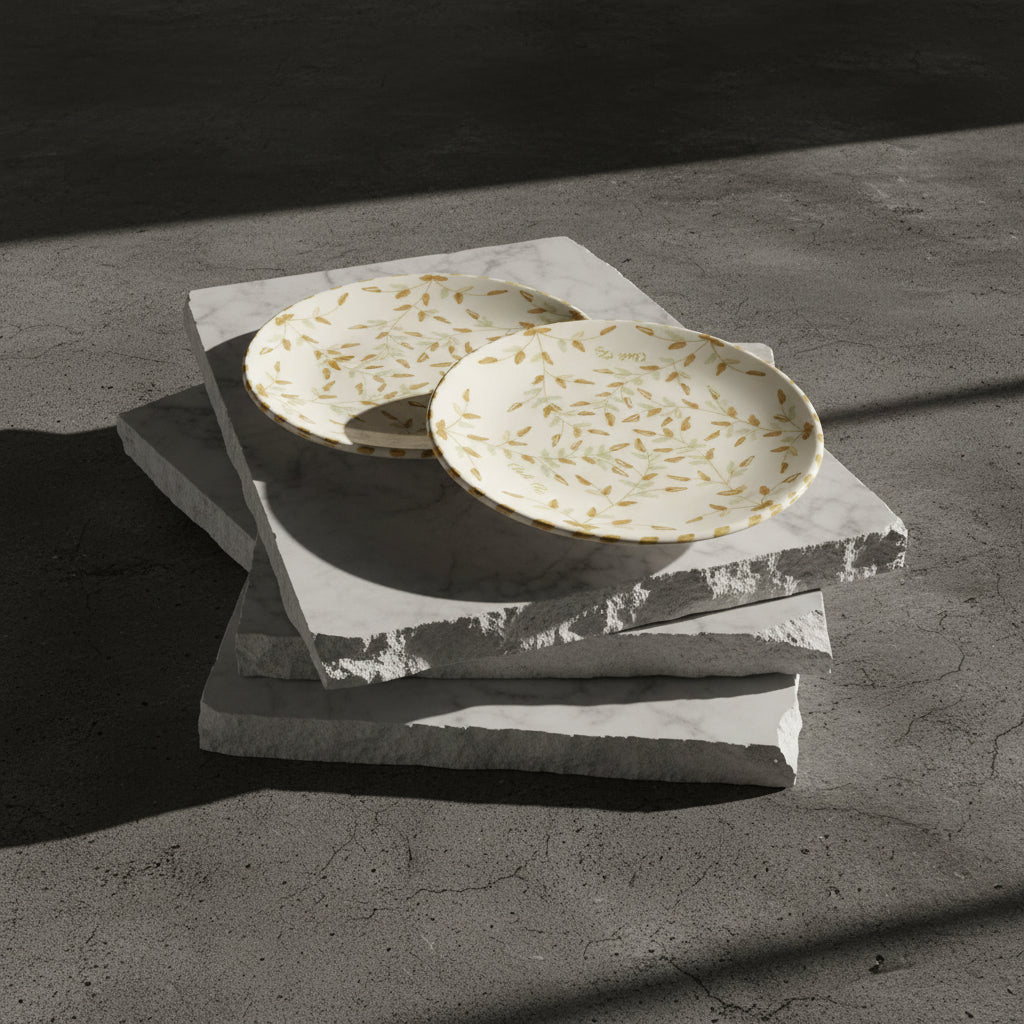 طقم أطباق سيراميك مزينة بأوراق ذهبية مكون من قطعتين