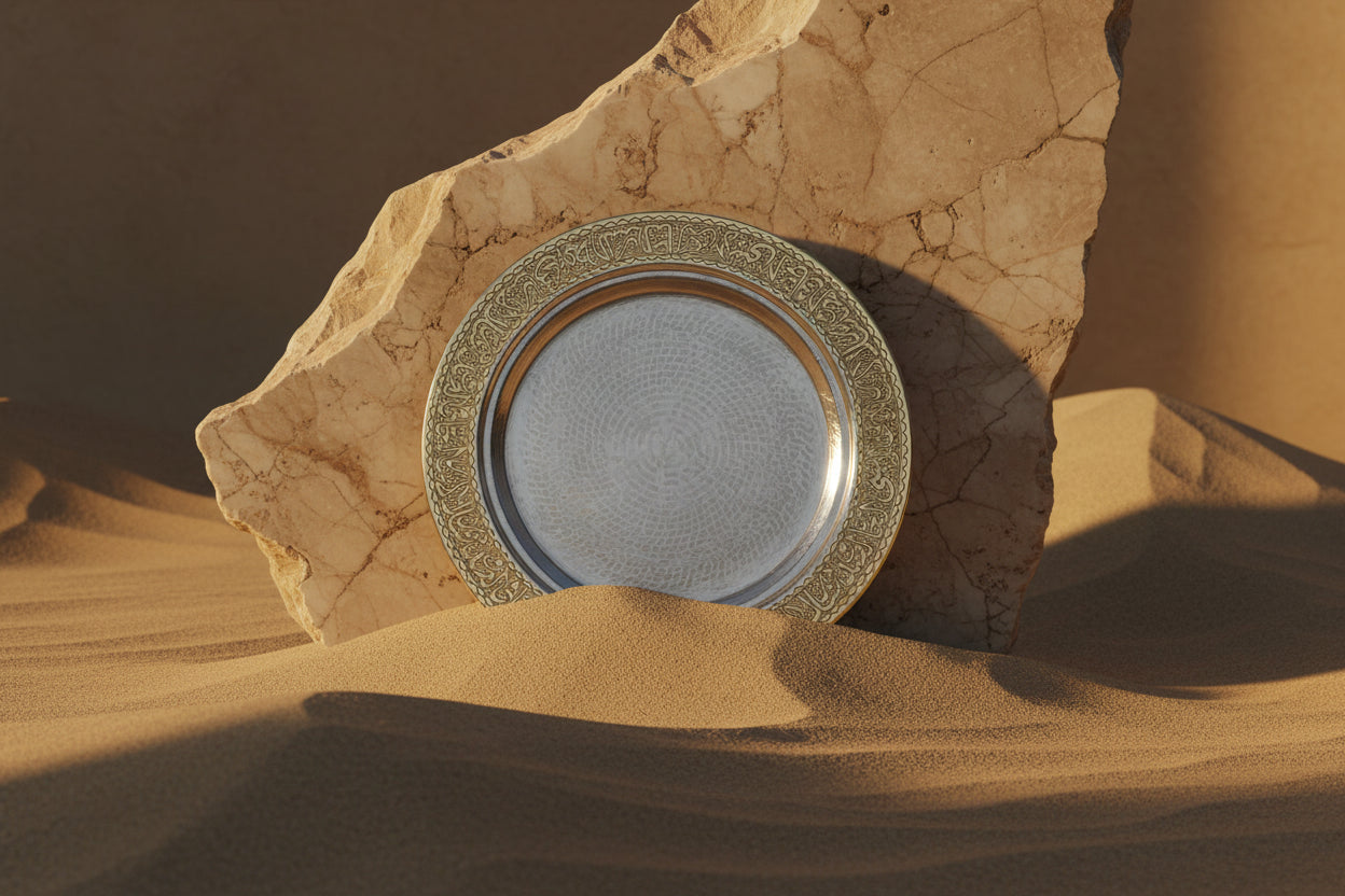 صينية نحاسية مستديرة منقوشة باللغة الع