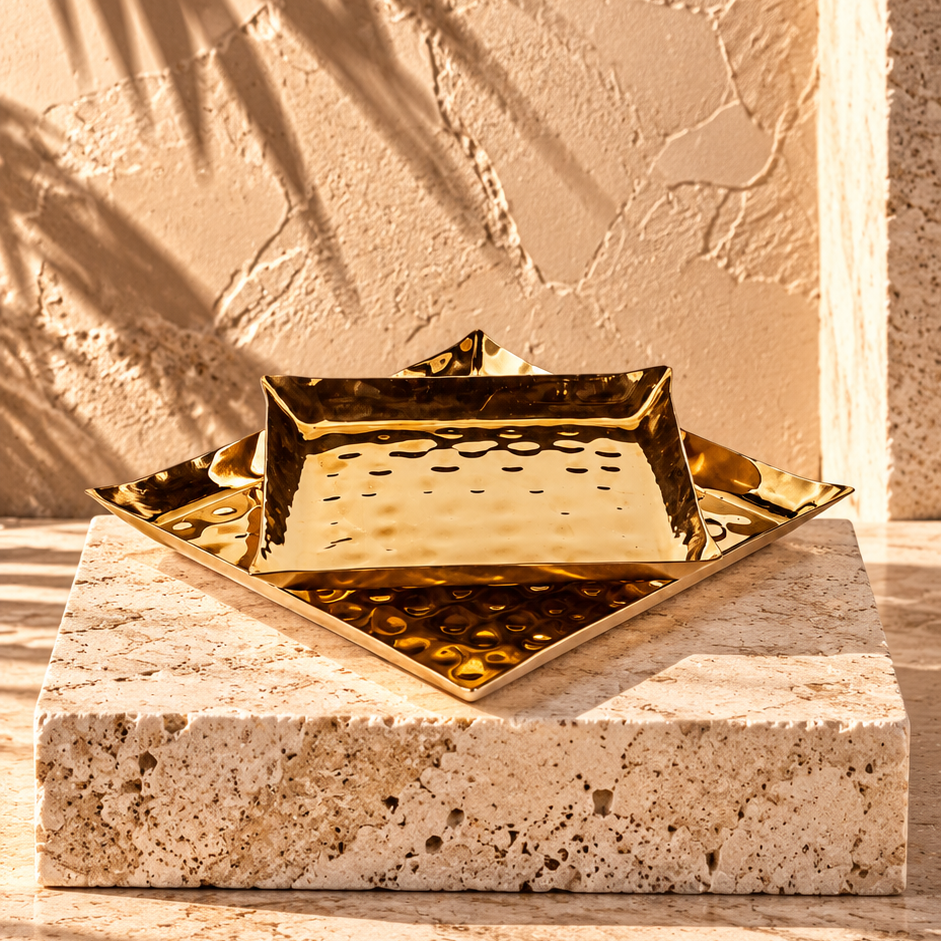 Gold Hammered Square Platter Set