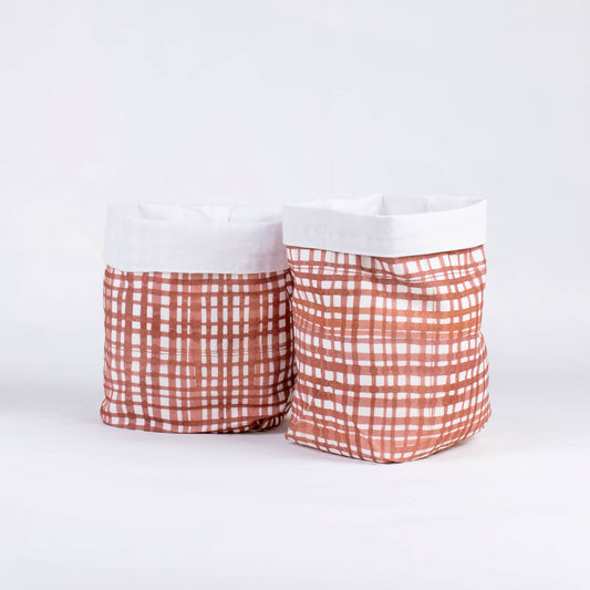 Cotton Bread Basket Checkered Pale Red Set