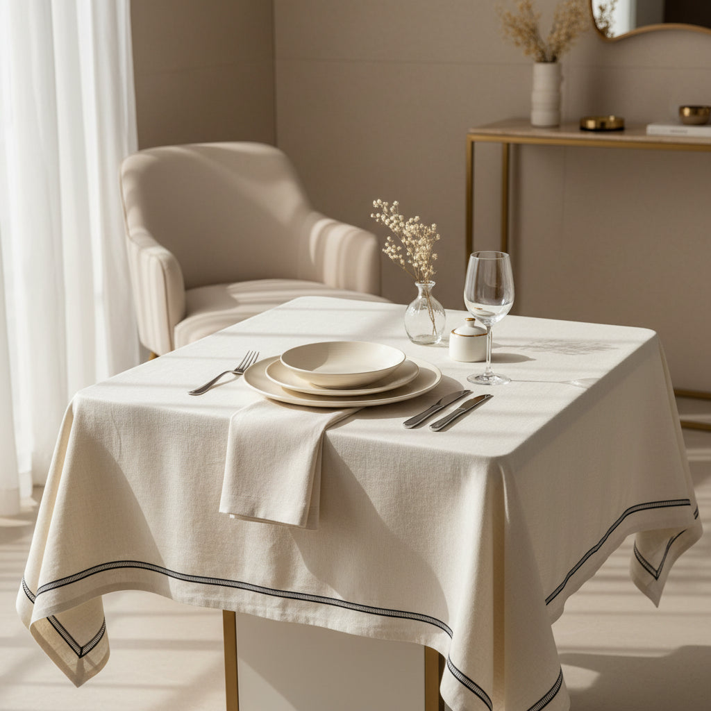 Tablecloth Linen Beige Black Lace