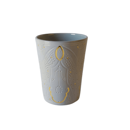 Vase Pot Engraved Gold Light Grey Ceramic - Pieces SA