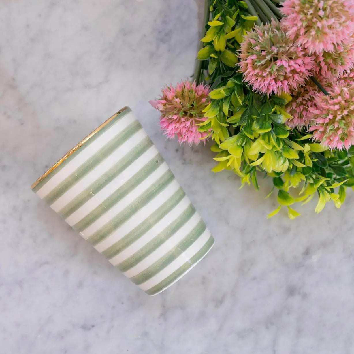 Striped Almond Green Gold Ceramic Cup - Pieces SA