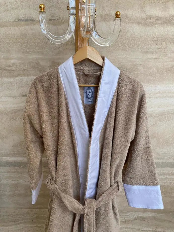 Kimono Bathrobe Beige with White Linen Small - Pieces SA