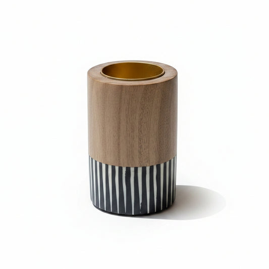 Inlay Mubkhar Round Crown Black showcasing handcrafted wooden base with bone and mother-of-pearl inlay patterns.