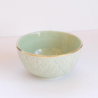 Load image into Gallery viewer, Engraved Bowl Almond Green Gold Ceramic
